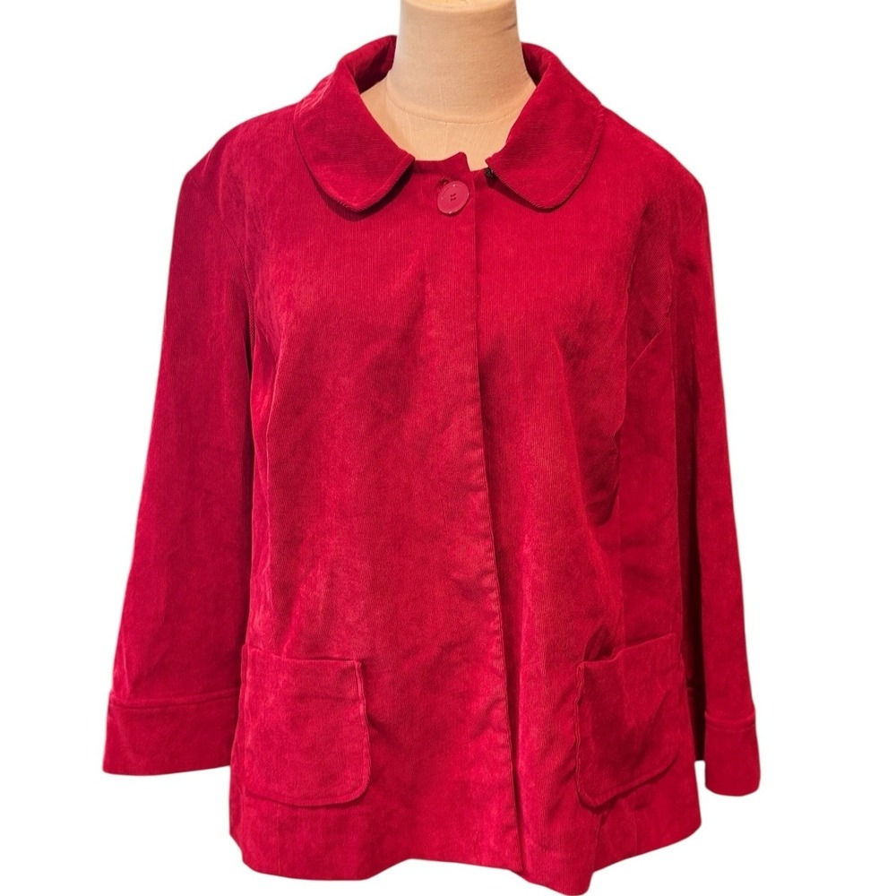 Vintage Red Corduroy Button Front Jacket Peter Pan Collar Pockets Womens 20W‎